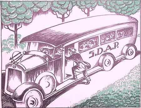 Bus van de SDAP afgebeeld op spotprent (lijst optie), Antiek en Kunst, Kunst | Litho's en Zeefdrukken, Verzenden