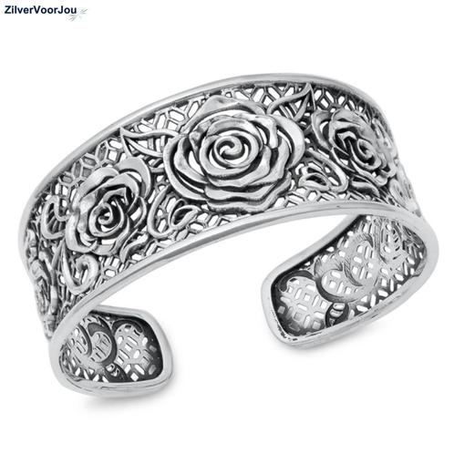 Zilveren 25 mm brede roos klemarmband, Sieraden, Tassen en Uiterlijk, Armbanden, Nieuw, Verzenden