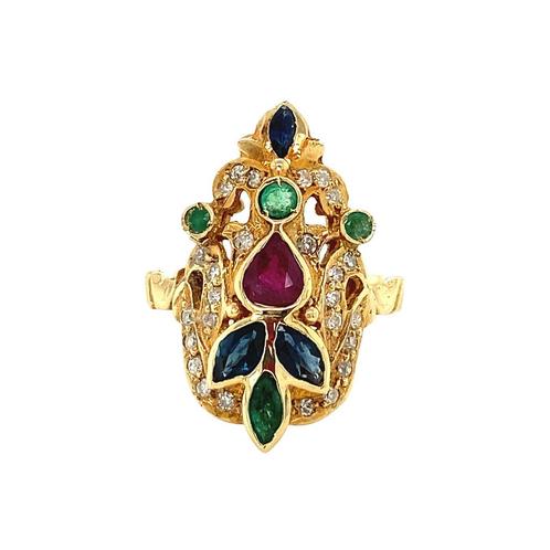 Gouden ring met smaragd, saffier, robijn en diamant 18 krt, Sieraden, Tassen en Uiterlijk, Ringen, Nieuw, Ophalen of Verzenden
