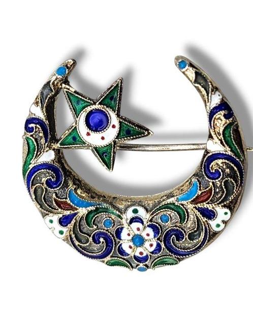 Broche Zilver, Maan & Ster 84 Zilveren Emaille Broche, Sieraden, Tassen en Uiterlijk, Antieke sieraden
