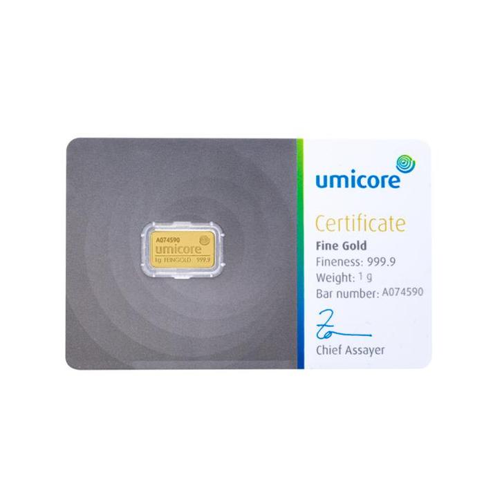 Umicore 1 gram goudbaar met certificaat, Postzegels en Munten, Edelmetalen en Baren, Verzenden