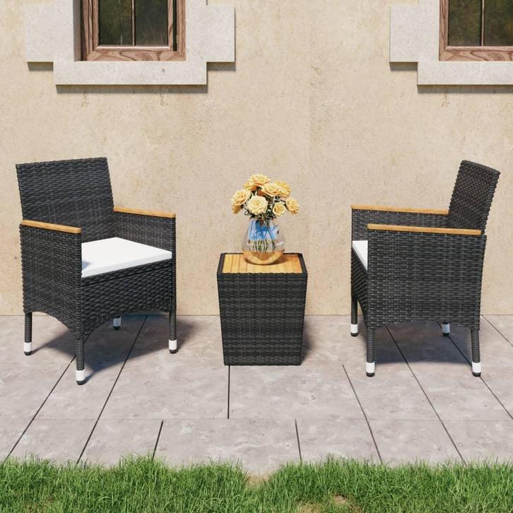 vidaXL 3-delige Bistroset poly rattan en acaciahout zwart, Tuin en Terras, Tuinsets en Loungesets, Nieuw, Rotan, Verzenden