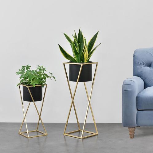 Bloempot op standaard Mons set van 2 zwart en goud, Tuin en Terras, Bloembakken en Plantenbakken, Verzenden