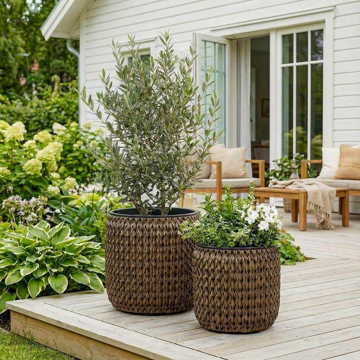 Set van 2 lage plantenpotten - donkerbruin - Ø 33 x 30 cm /, Huis en Inrichting, Kamerplanten, Verzenden