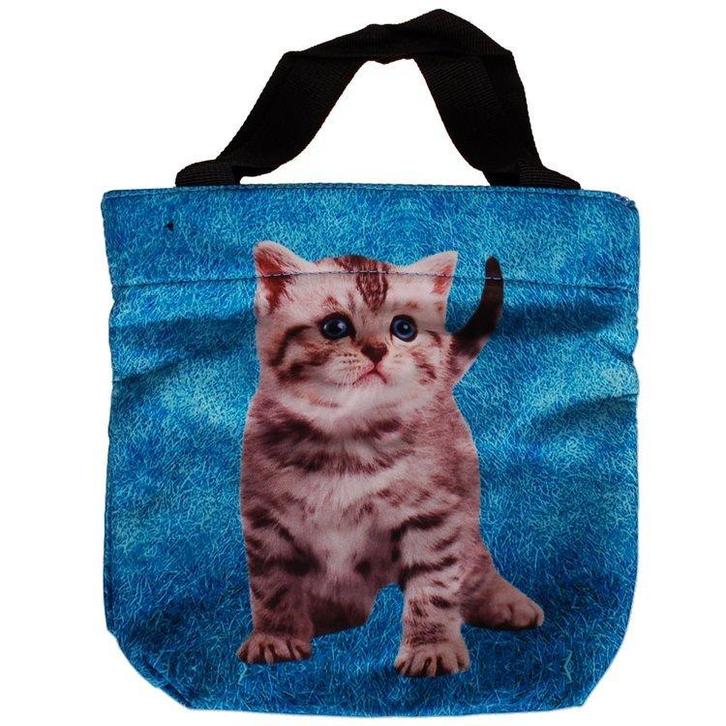 Schoudertasje/Handtasje blauw met gestreept kitten - 21x21cm, Sieraden, Tassen en Uiterlijk, Tassen | Schoudertassen, Blauw, Nieuw