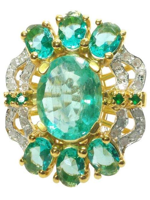 Zonder Minimumprijs - Ring - 9 kt. Geel goud, Zilver Smaragd, Sieraden, Tassen en Uiterlijk, Ringen