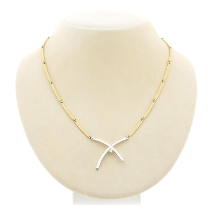 Bicolor gouden staafjes collier met vaste hanger en diamant, Sieraden, Tassen en Uiterlijk, Kettingen, Overige kleuren, Gebruikt