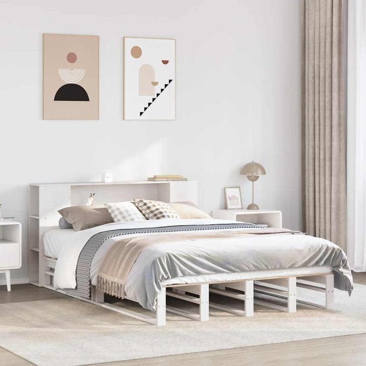 vidaXL Bed met boekenkast zonder matras massief hout wit, Huis en Inrichting, Slaapkamer | Bedden, 140 cm, 200 cm, Bruin, Tweepersoons