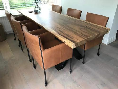 Set van 6 leren kuip eetkamerstoelen - met wieltjes - bruin, Huis en Inrichting, Stoelen, Nieuw, Leer, Ophalen of Verzenden