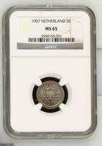 Koningin Wilhelmina 5 cent 1907 MS65 NGC gecertificeerd, Losse munt, Verzenden