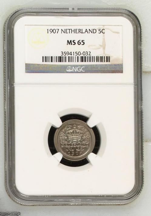 Koningin Wilhelmina 5 cent 1907 MS65 NGC gecertificeerd, Postzegels en Munten, Munten | Nederland, Losse munt, 5 cent, Koningin Wilhelmina