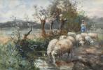 W.G.F Jansen (1871-1941 - Schapen bij de watering in de, Antiek en Kunst, Kunst | Schilderijen | Klassiek
