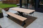 Eiken tuintafel met 3D-poot – massief hout, direct leverbaar, Tuin en Terras, Nieuw, Hout