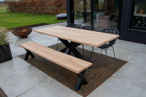 Eiken tuintafel met 3D-poot – massief hout, direct leverbaar, Tuin en Terras, Tuintafels, Nieuw, Hout