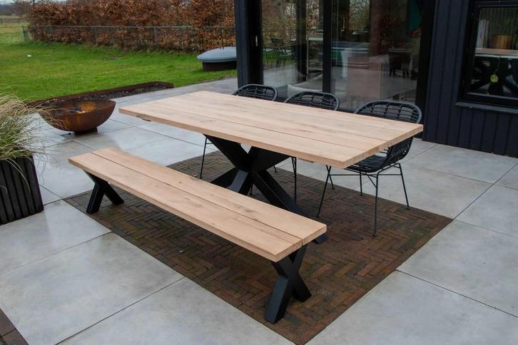 Eiken tuintafel met 3D-poot – massief hout, direct leverbaar, Tuin en Terras, Tuintafels, Nieuw, Hout