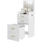 TRUUSK 3-in-1 Kaptafel Met Spiegel, Nachtkastje, Rolkruk, La, Verzenden, Nieuw