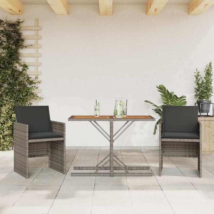 vidaXL 3-delige Bistroset met kussens poly rattan grijs, Tuin en Terras, Tuinsets en Loungesets, Nieuw, Verzenden