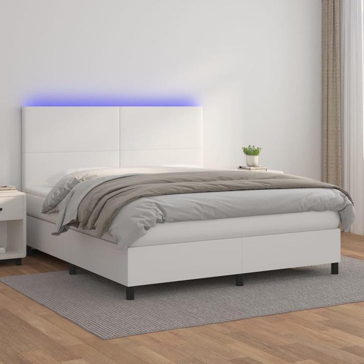 vidaXL Boxspring met matras en LED kunstleer wit 160x200 cm, Huis en Inrichting, Slaapkamer | Bedden, 160 cm, 200 cm, Wit, Tweepersoons