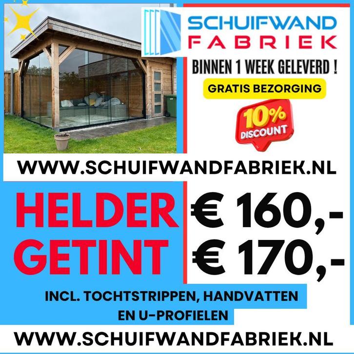 Schuifwand Fabriek - Glazen schuifwanden - € 160 Helder glas, Tuin en Terras, Overkappingen, Nieuw, Verzenden