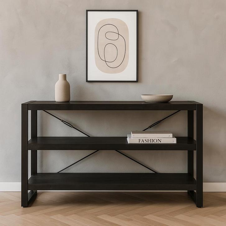 Boekenkast Mangohout Britt Laag 150 Zwart, Huis en Inrichting, Kasten | Boekenkasten, 25 tot 50 cm, Nieuw, Overige houtsoorten