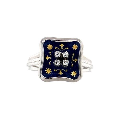 Witgouden ring met emaille en diamant 18 krt, Sieraden, Tassen en Uiterlijk, Ringen, Nieuw, Ophalen of Verzenden