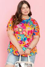 Pink Floral Print Short Sleeve Plus Size Babydoll Blouse - (, Kleding | Dames, Grote Maten, Verzenden, Nieuw