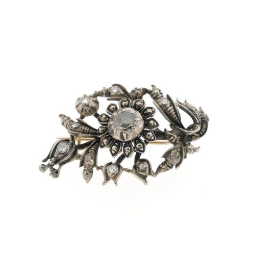 Zilveren Art-Nouveau broche gezet met roos geslepen diama..., Sieraden, Tassen en Uiterlijk, Broches, Overige kleuren, Gebruikt