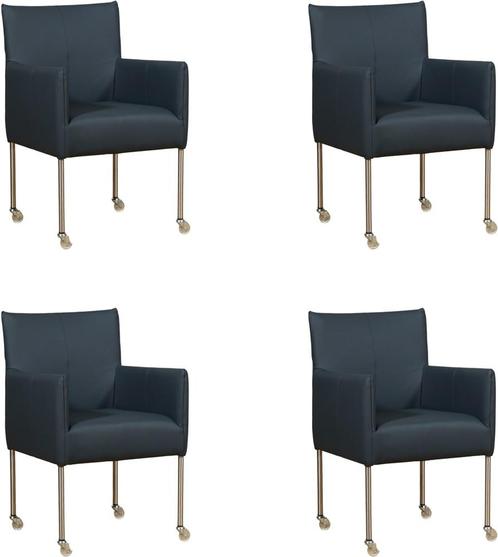 Set van 4 Blauwe leren moderne kuipstoel - poot rond rvs met, Huis en Inrichting, Stoelen, Vier, Overige kleuren, Nieuw, Leer