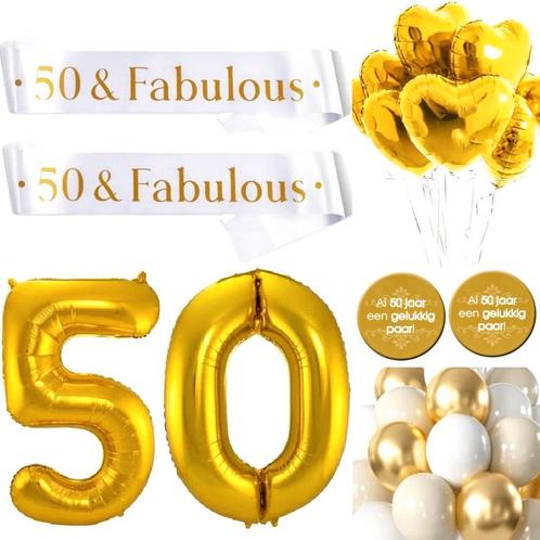 50 & Fabulous set goud met wit 27-delig, Hobby en Vrije tijd, Feestartikelen, Geboorte of Huwelijk, Nieuw, Versiering, Verzenden