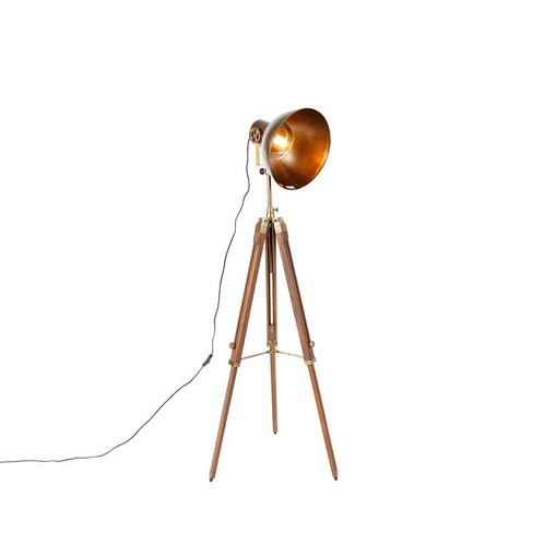 Industriële tripod vloerlamp brons met hout - Mangoes, Huis en Inrichting, Lampen | Vloerlampen, Nieuw, Overige materialen, 150 tot 200 cm