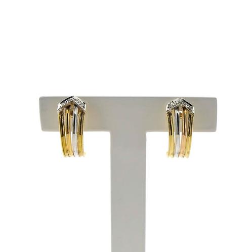 Tricolor gouden oorstekers met diamant | 0,04 ct., Sieraden, Tassen en Uiterlijk, Oorbellen, Overige kleuren, Gebruikt, Met edelsteen
