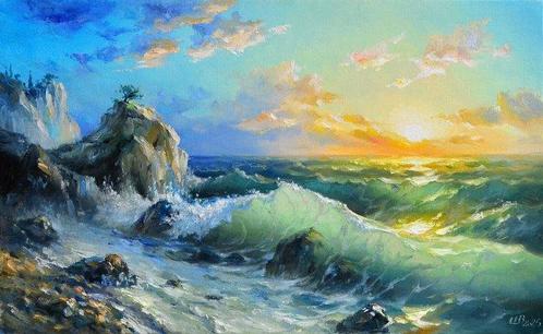 Vladimir Shovkovy (XXI) - Sea waves at Sunrise, Antiek en Kunst, Kunst | Schilderijen | Klassiek