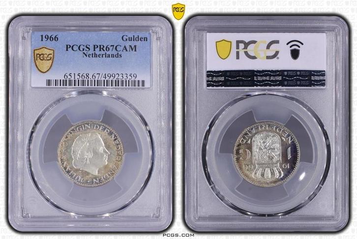 Koningin Juliana zilveren 1 gulden 1966 proof PR67 CAM PCGS, Postzegels en Munten, Munten | Nederland, Losse munt, 1 gulden, Koningin Juliana