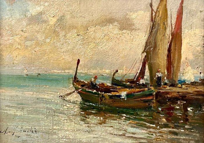 Anacleto Moiraghi (1880-1943) - Marina con barche, Antiek en Kunst, Kunst | Schilderijen | Klassiek