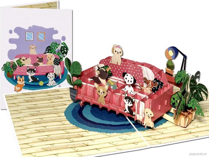 Hondenliefhebber? Pop-up kaart met 7 leuke hondjes op een..., Diversen, Wenskaarten, Verzenden