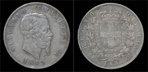 Italy Vittorio Emanuele Ii 5 lire 1869m zilver, Postzegels en Munten, Munten en Bankbiljetten | Toebehoren, Verzenden