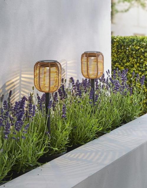 Solar Tuinstekers Rattan – Set van 2 – 25,5 cm, Tuin en Terras, Buitenverlichting, Waterbestendig, Led, Licht-donker-sensor, Zonne-energie