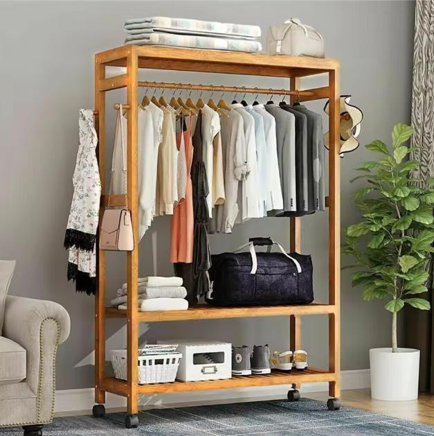 Bamboe Kledingrek met Haken, 3 Planken en Wielen – 165 cm, Kleding | Dames, Kledingrekken, Nieuw, Verzenden