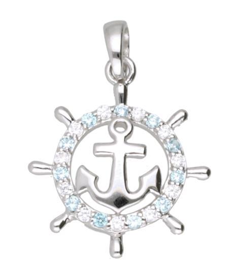 Zilveren Anker in stuurrad met witte en blauwe kristallen, Sieraden, Tassen en Uiterlijk, Kettinghangers, Verzenden