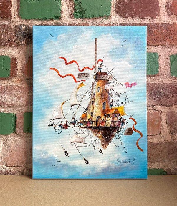 Nataly Grinchenko (XX) - Flying windmill, Antiek en Kunst, Kunst | Schilderijen | Modern