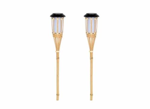 2 Hi LED Solar Tuinfakkels - Bamboe - 56cm, Huis en Inrichting, Lampen | Losse lampen, Nieuw, Verzenden