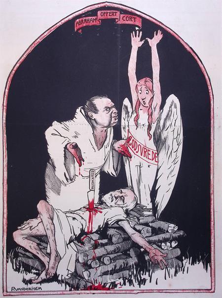 Spotprent Minister Cort wordt gestoken met mes eedskwest..., Antiek en Kunst, Kunst | Litho's en Zeefdrukken, Verzenden