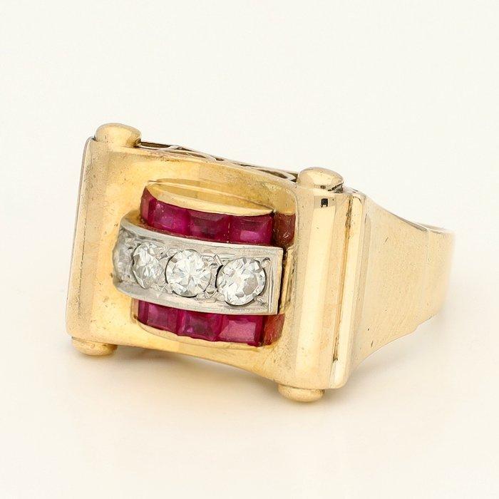 Ring - 18 karaat Geel goud Robijn - Diamant, Sieraden, Tassen en Uiterlijk, Ringen