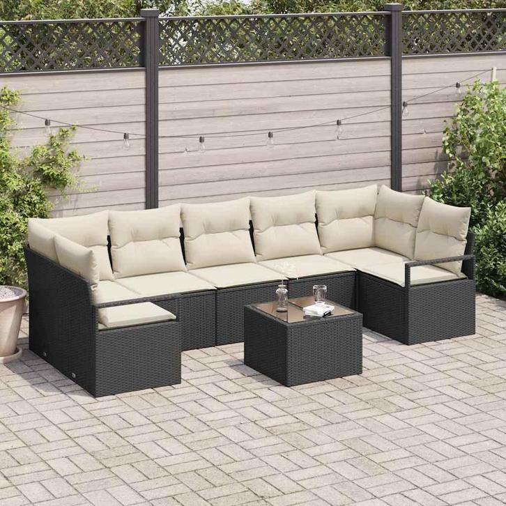 vidaXL Tuin Sofa Set 8 pcs Zwart en Crème Poly rattan, staal, Tuin en Terras, Tuinsets en Loungesets, Nieuw, Rotan, Verzenden