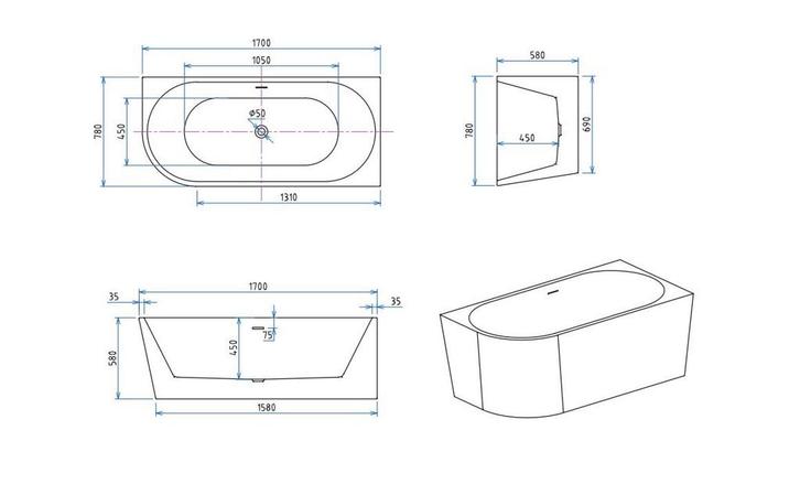 Half Vrijstaand Hoekbad BWS Danielle Rechts 170x78 Wit, Doe-het-zelf en Verbouw, Sanitair, Ophalen of Verzenden
