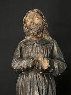 sculptuur, Saint en prière en bois polychrome - 48 cm - Hout, Antiek en Kunst