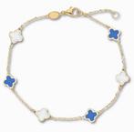 Gouden Klaver Parelmoer Koningsblauwe Emaille Armband 14K, Nieuw, Goud