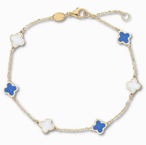 Gouden Klaver Parelmoer Koningsblauwe Emaille Armband 14K, Sieraden, Tassen en Uiterlijk, Armbanden, Nieuw, Goud