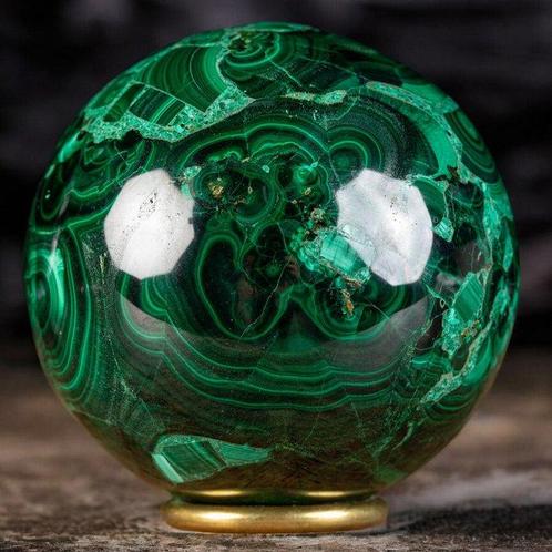 Bolvormig snijwerk, sfera intagliata - 83 mm - Malachietbol, Verzamelen, Mineralen en Fossielen