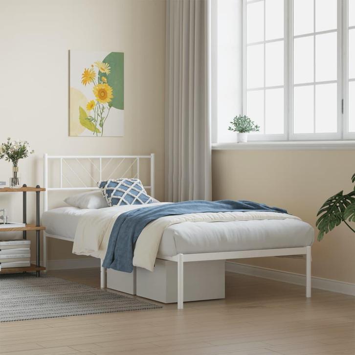 vidaXL Bedframe met hoofdbord metaal wit 90x200 cm, Huis en Inrichting, Slaapkamer | Bedden, 90 cm, 200 cm, Wit, Eenpersoons, Nieuw